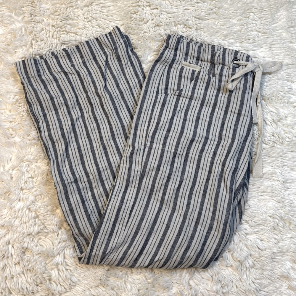 100% Linen Blue & White Striped Low Rise Grommet Tie Front Straight Leg Pants